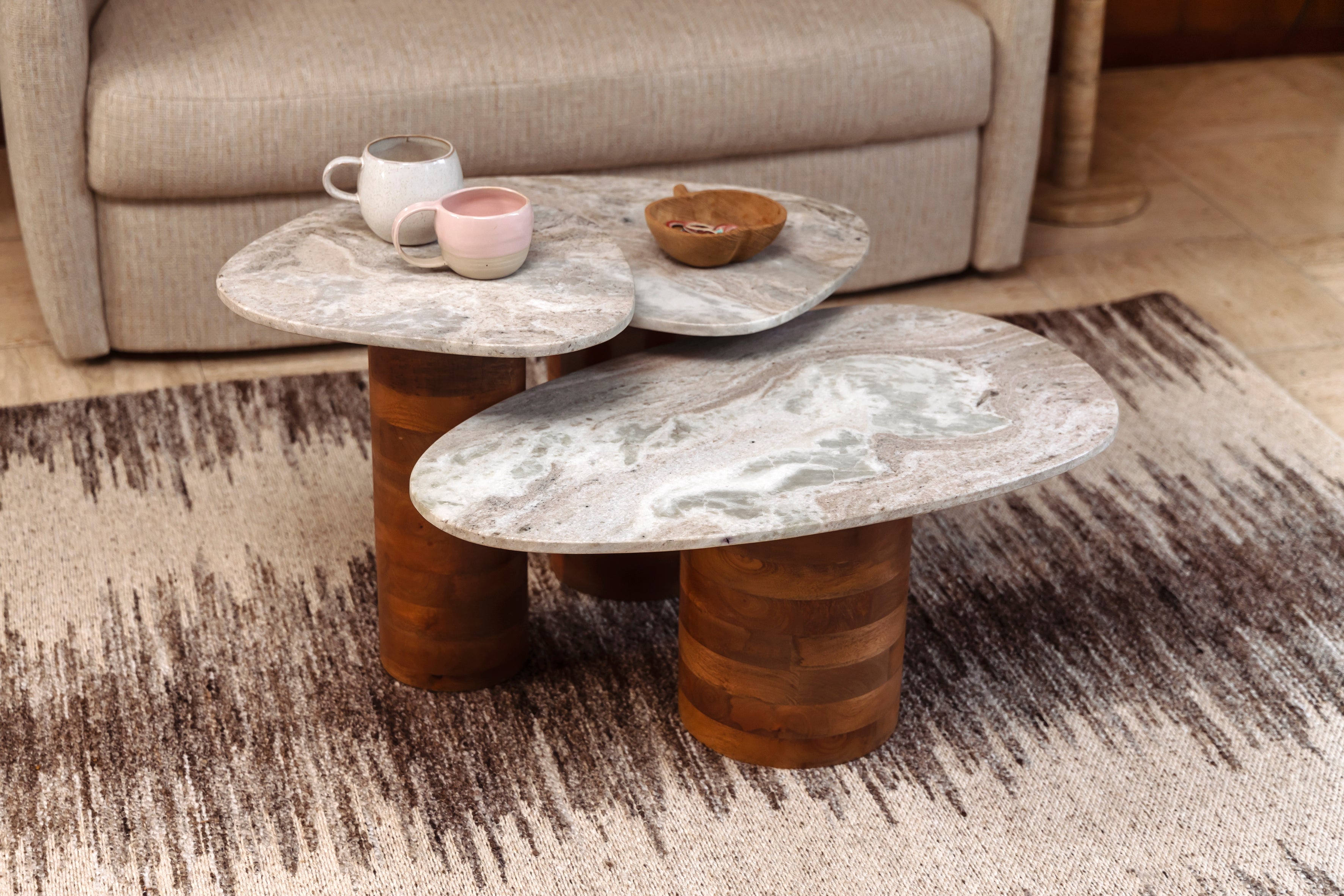 Dutchbone Set of 3 Suki Mango Wood & Grey Marble Side Tables Nest